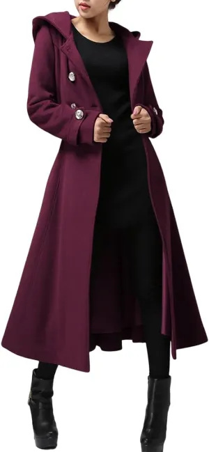 Cicy Bell Womens Long Double-Breasted Hooded Coat Winter Warm Wool Trench Coat with Belts