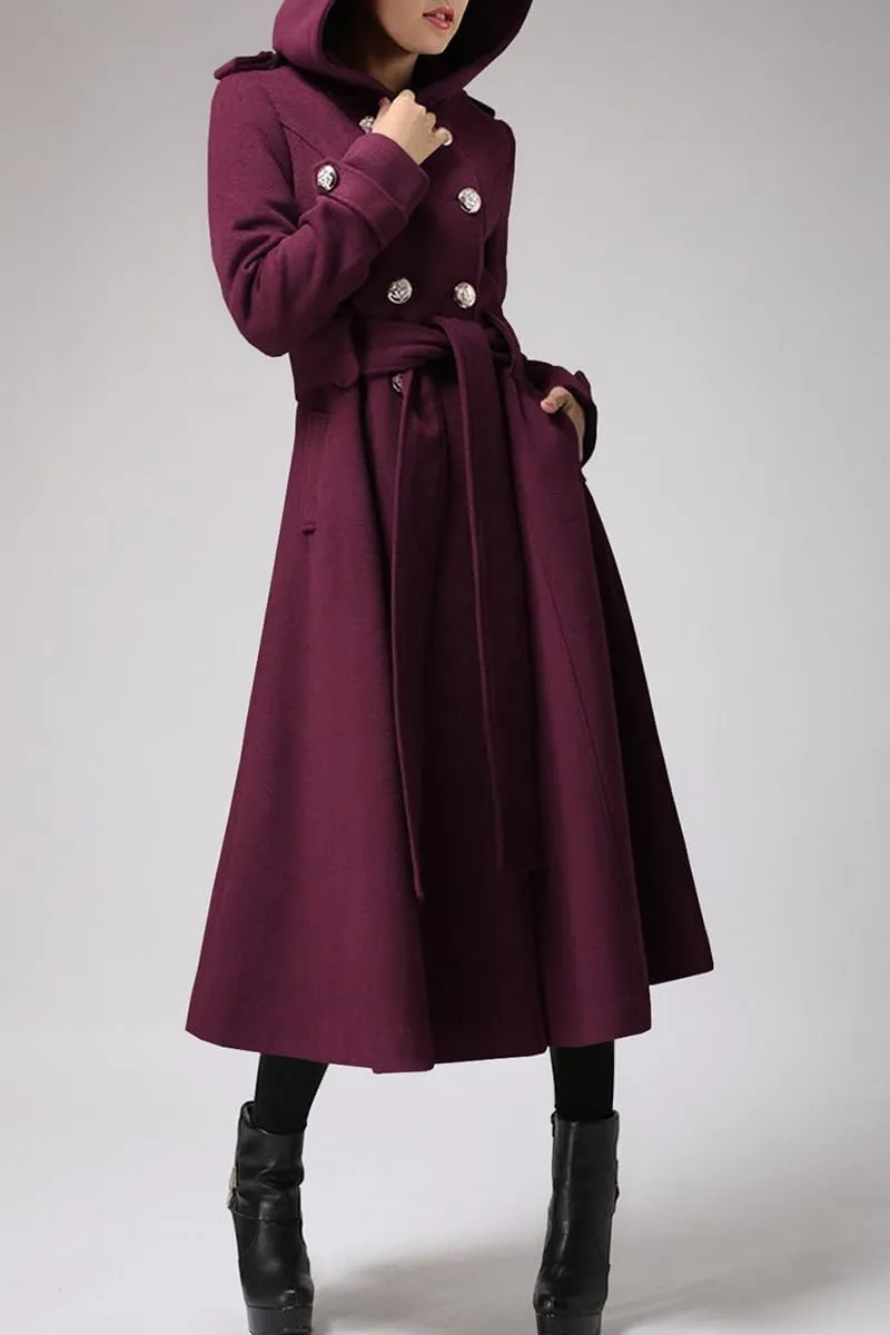 Cicy Bell Womens Long Double-Breasted Hooded Coat Winter Warm Wool Trench Coat with Belts