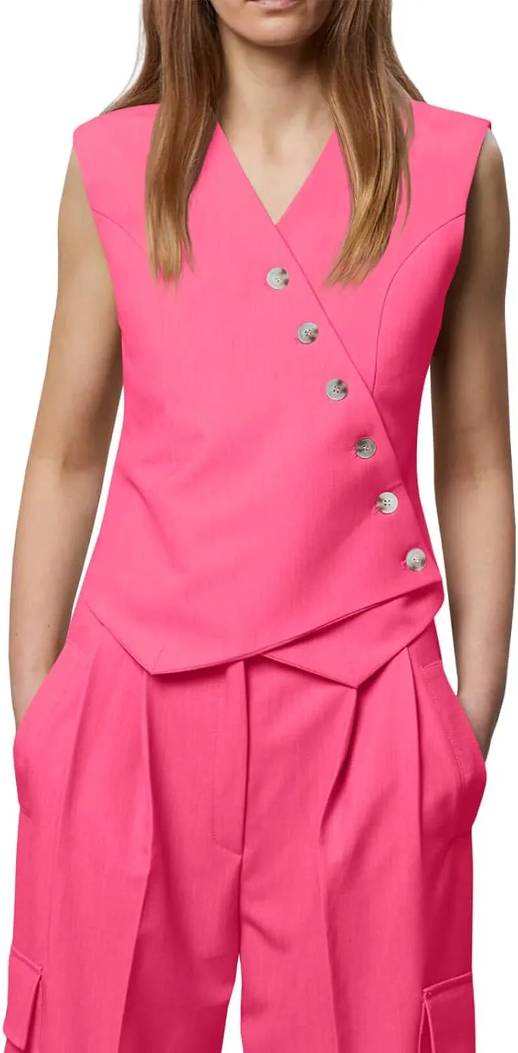 Cicy Bell Womens Waistcoat Vest Sleeveless Blazers V Neck Button Up Asymmetrical Hem Work Office Suit Vests