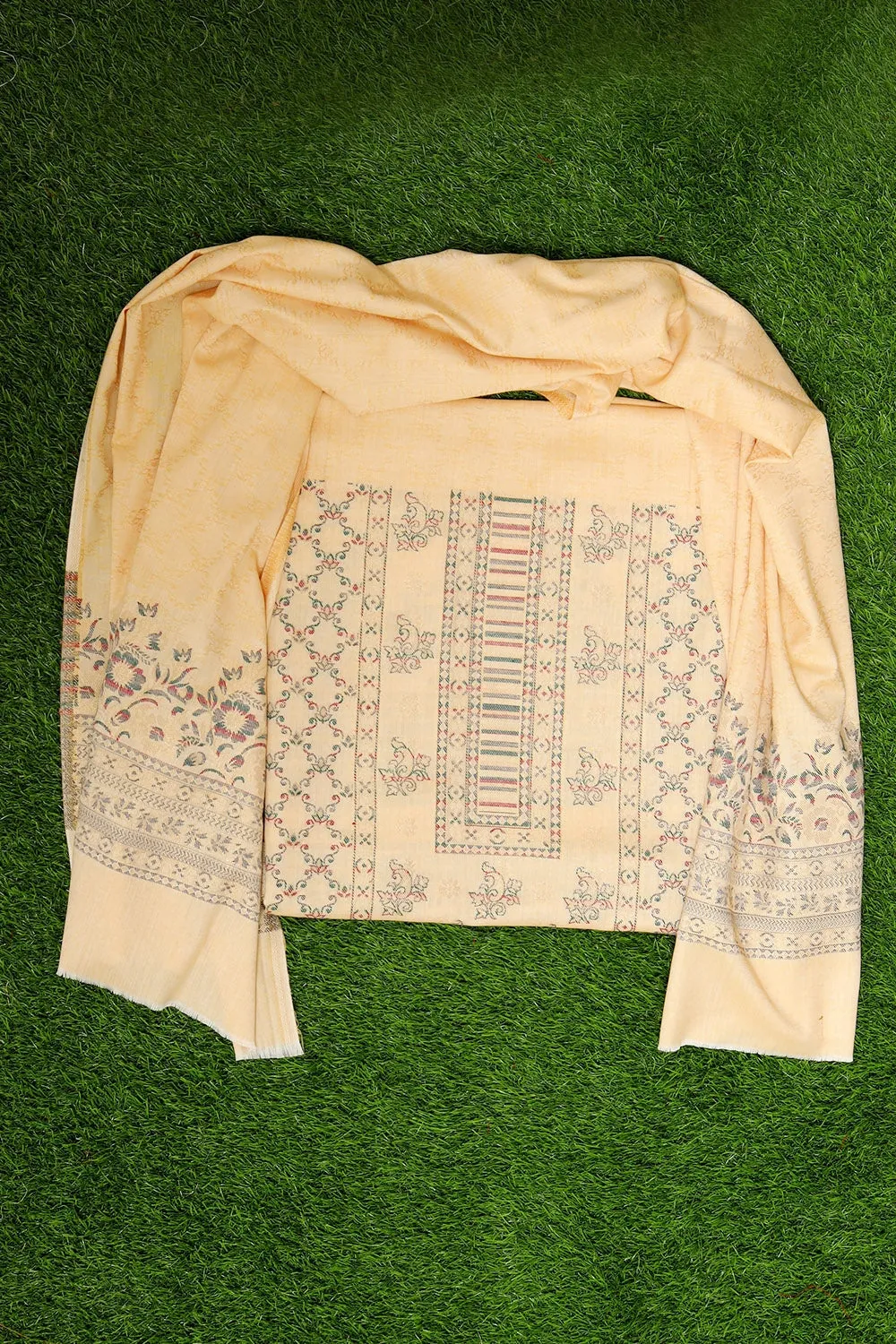 Classy Pastel Cream Colour Cotton Zari Kani Stole Suit With Self Woven Embroidery Known For Its Unique Design.