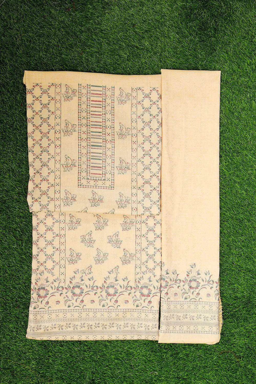 Classy Pastel Cream Colour Cotton Zari Kani Stole Suit With Self Woven Embroidery Known For Its Unique Design.