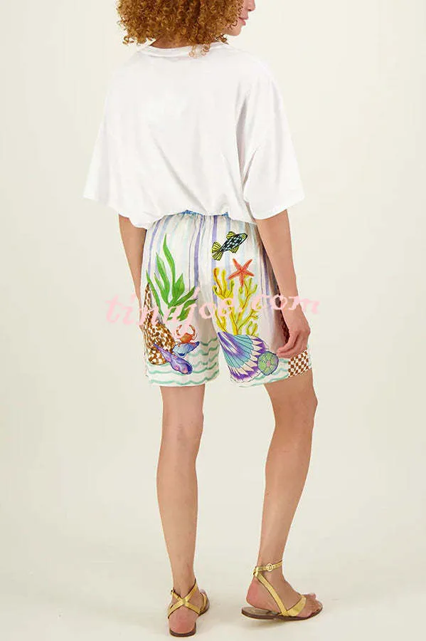 Coastal Seashell Satin Unique Print Pocket Loose Shirt and Elastic Waist Shorts Set