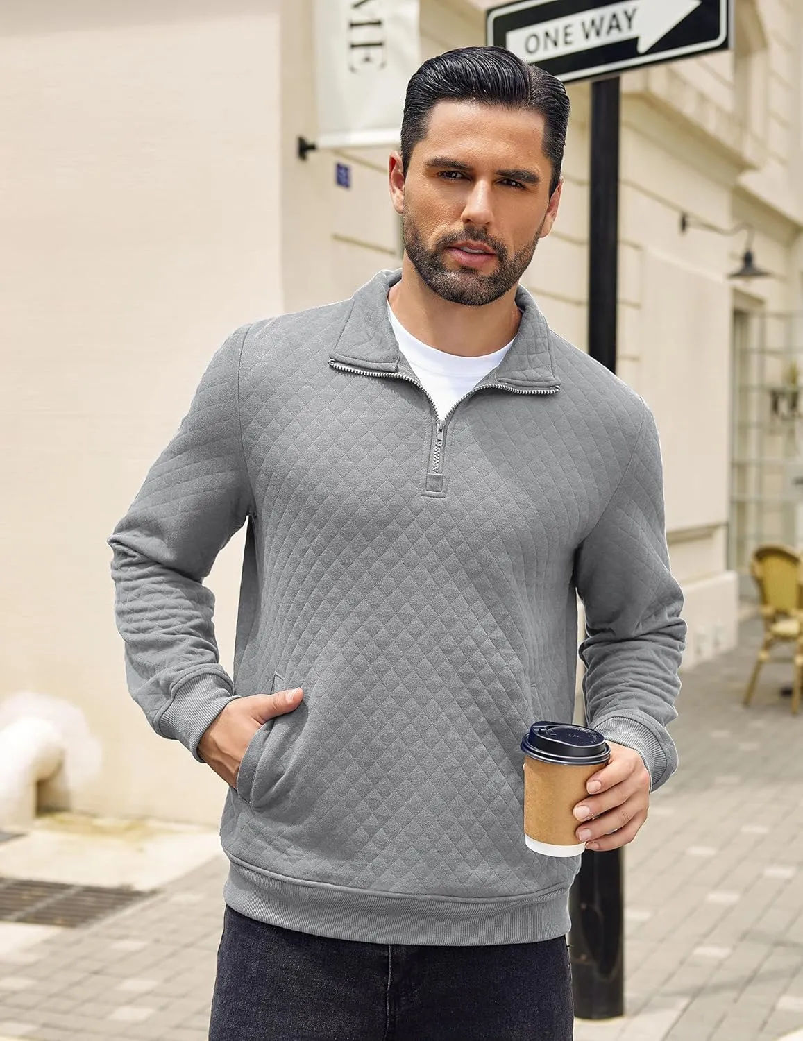 COOFANDY Mens Quarter Zip Pullover Quilted Sweatshirt Knit Long Sleeve Mock Neck Sweater Polo with Pocket