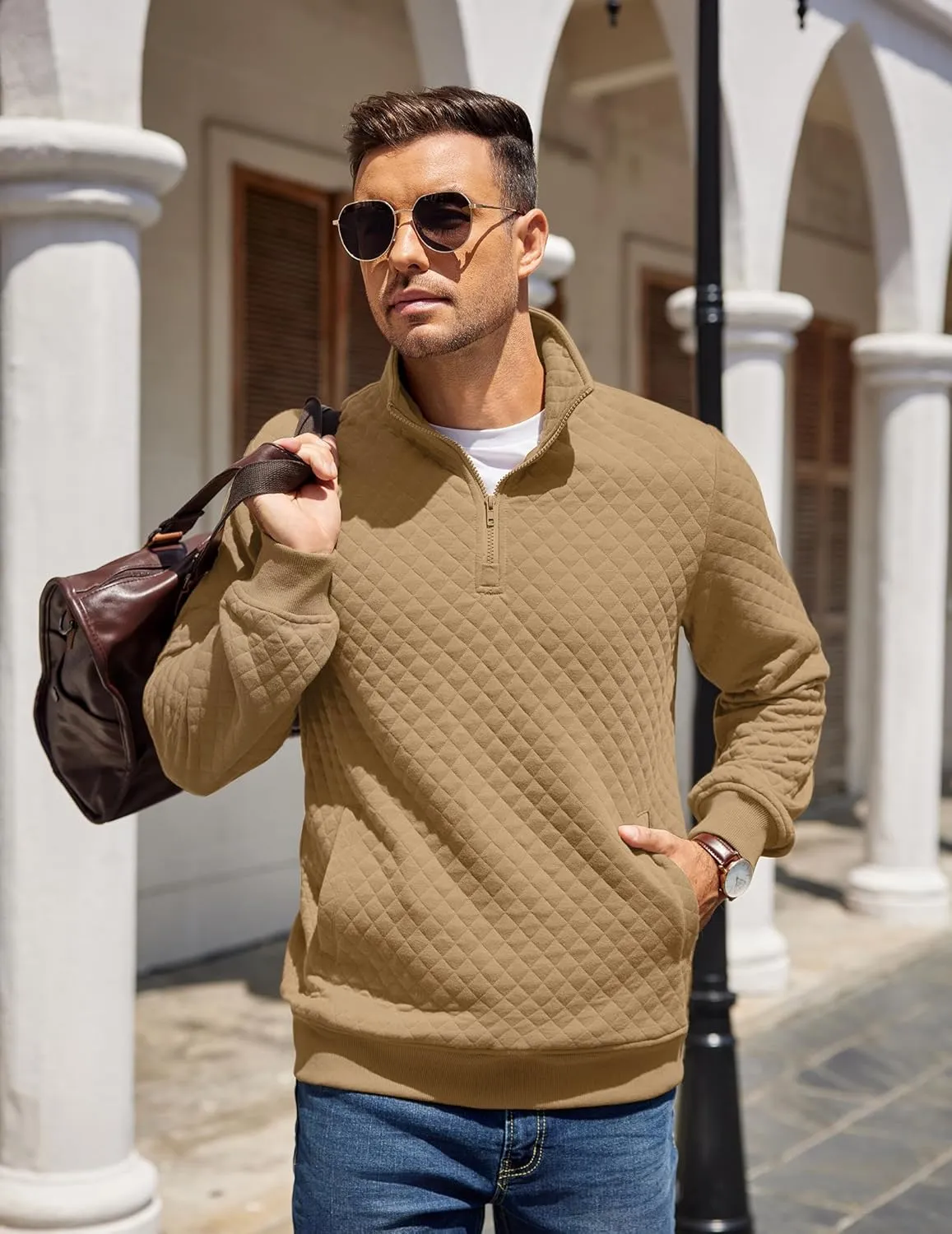COOFANDY Mens Quarter Zip Pullover Quilted Sweatshirt Knit Long Sleeve Mock Neck Sweater Polo with Pocket