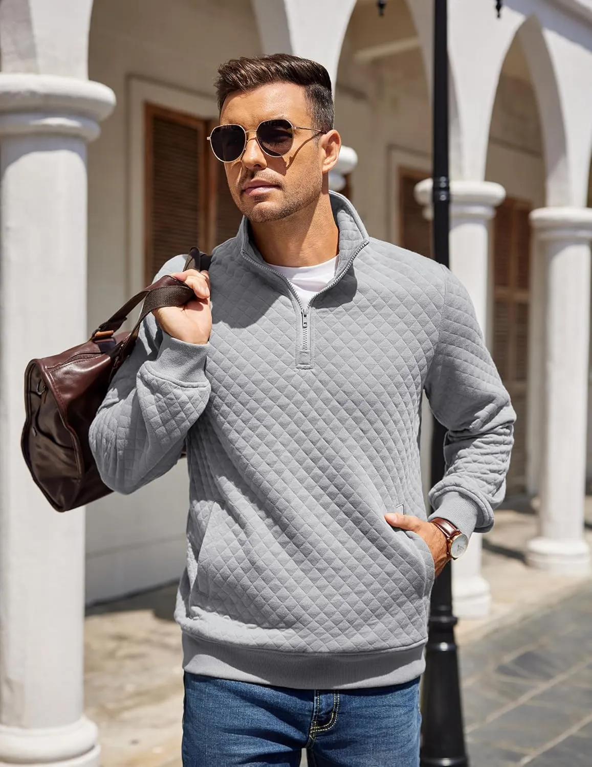 COOFANDY Mens Quarter Zip Pullover Quilted Sweatshirt Knit Long Sleeve Mock Neck Sweater Polo with Pocket