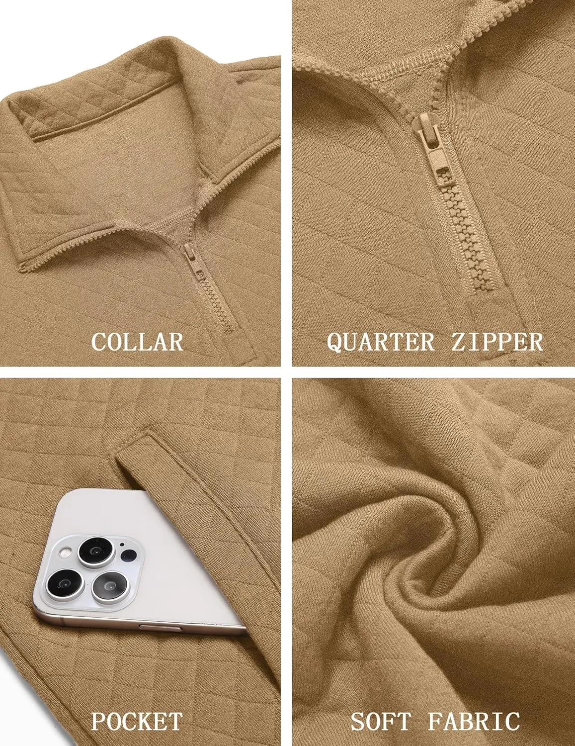COOFANDY Mens Quarter Zip Pullover Quilted Sweatshirt Knit Long Sleeve Mock Neck Sweater Polo with Pocket