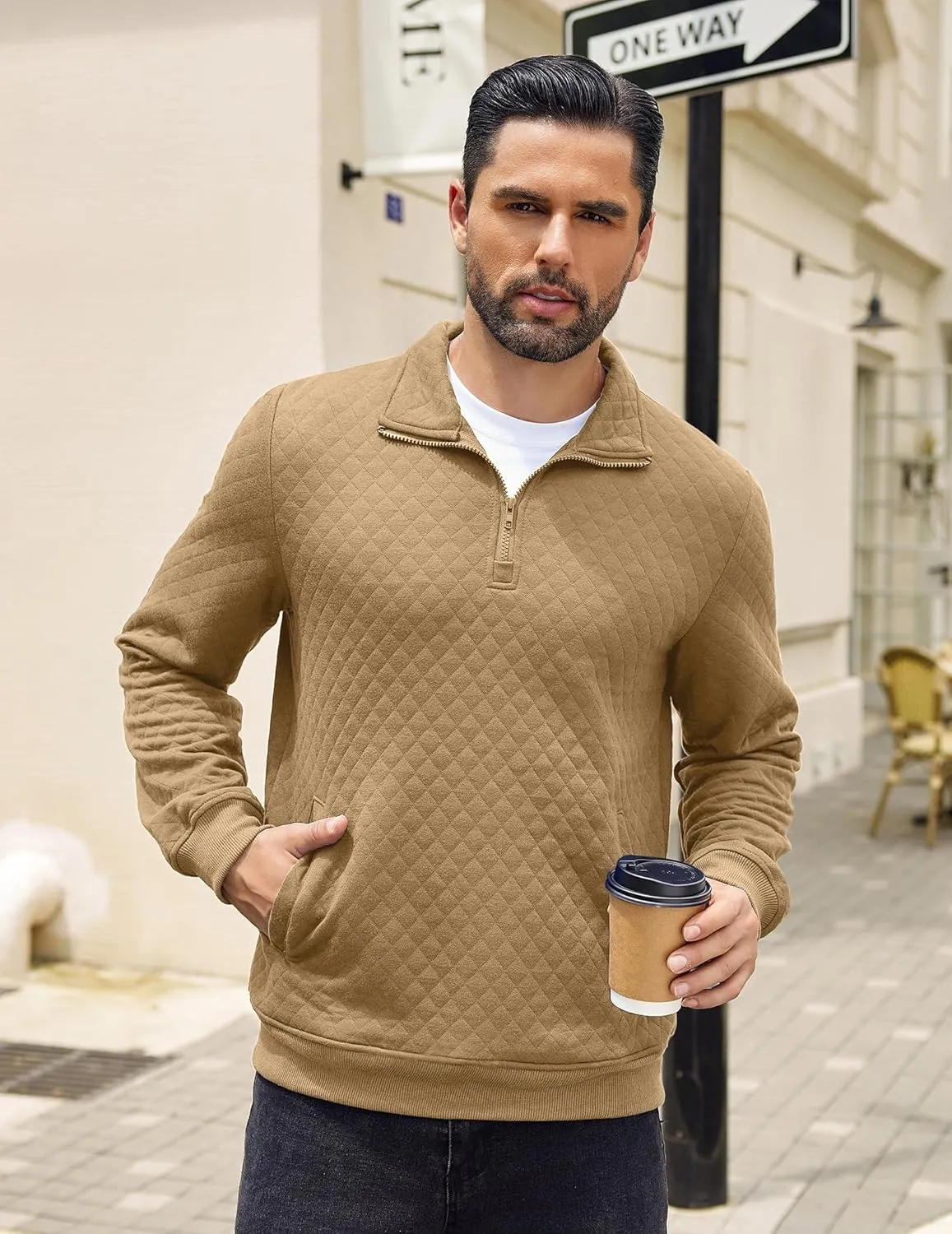 COOFANDY Mens Quarter Zip Pullover Quilted Sweatshirt Knit Long Sleeve Mock Neck Sweater Polo with Pocket