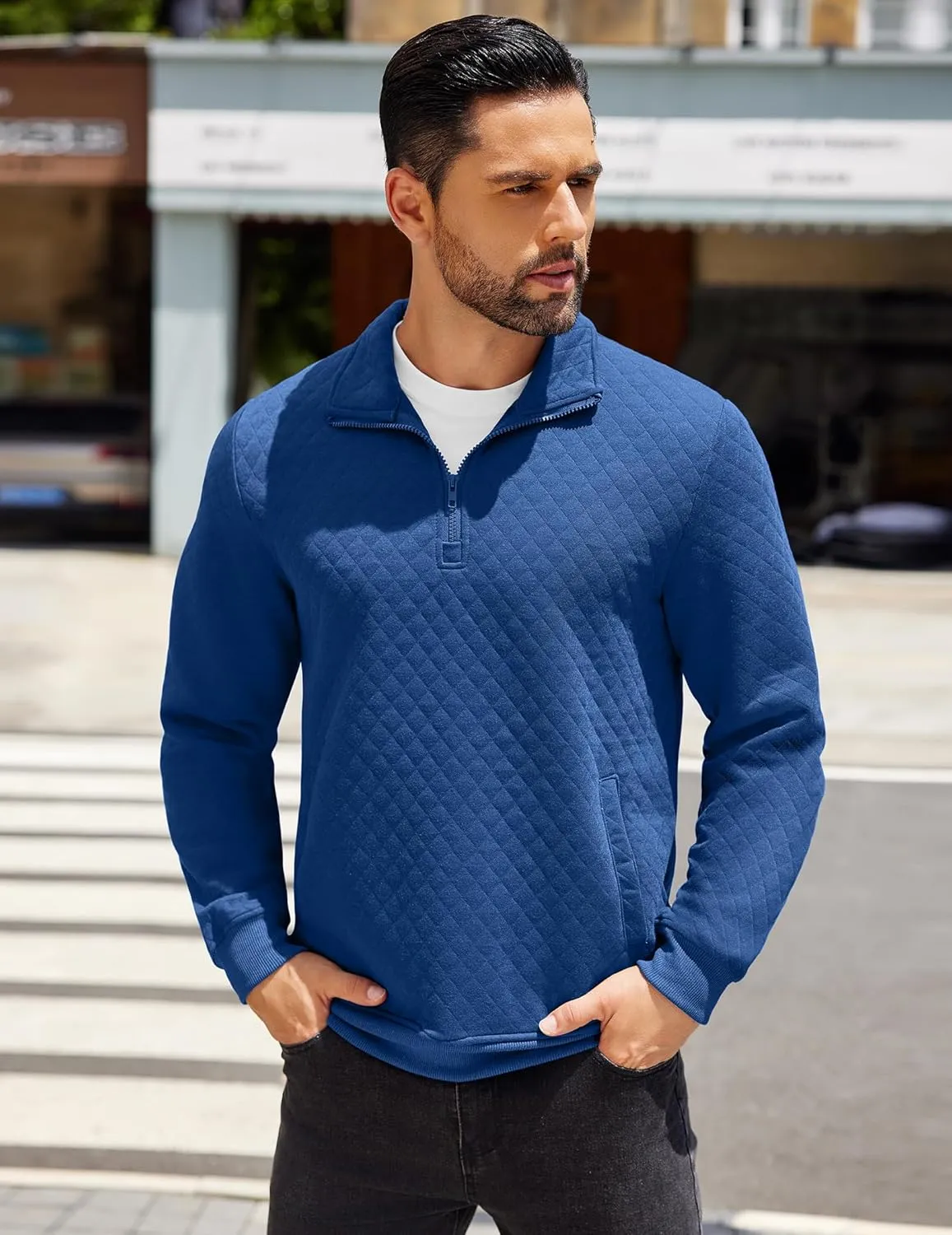COOFANDY Mens Quarter Zip Pullover Quilted Sweatshirt Knit Long Sleeve Mock Neck Sweater Polo with Pocket
