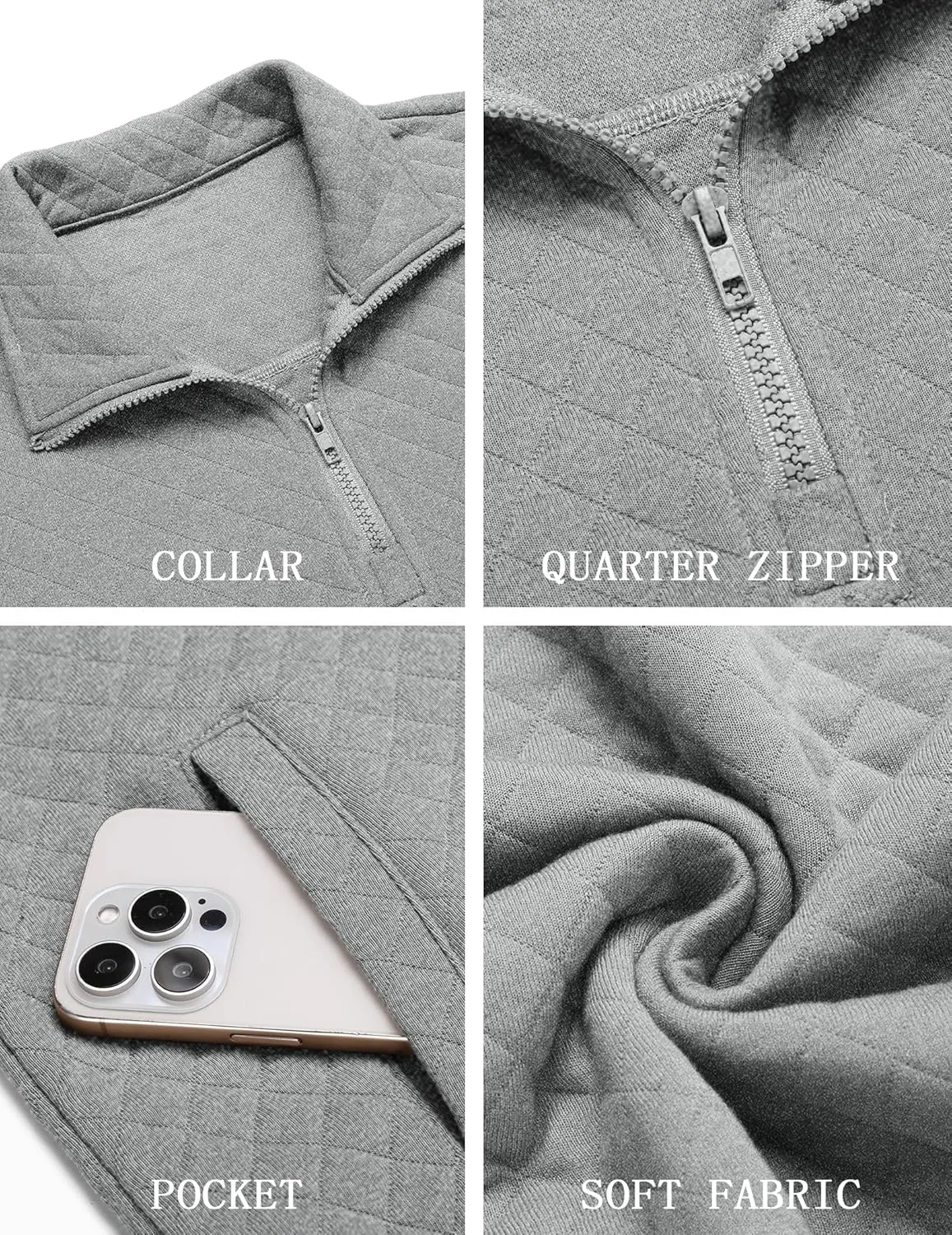 COOFANDY Mens Quarter Zip Pullover Quilted Sweatshirt Knit Long Sleeve Mock Neck Sweater Polo with Pocket