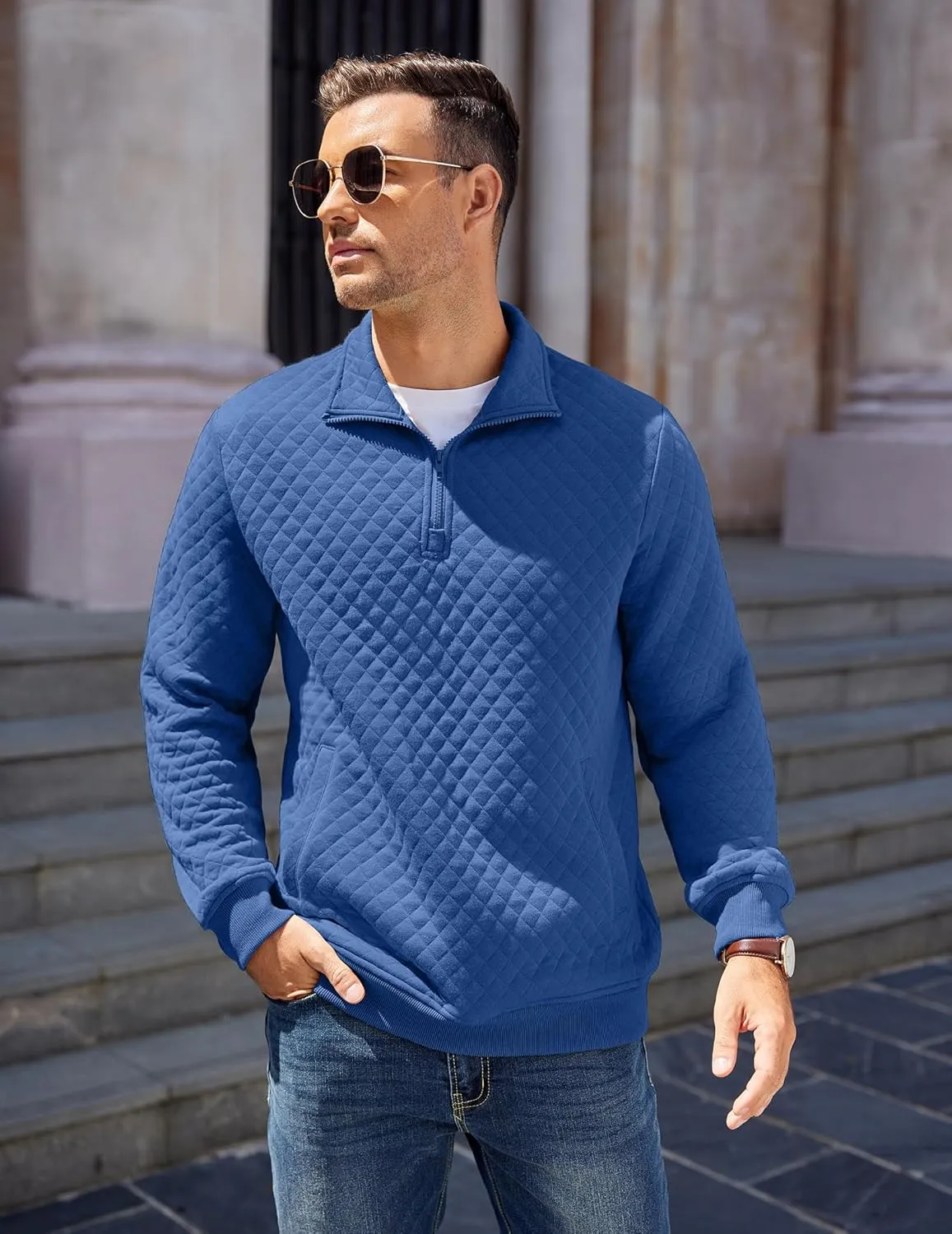 COOFANDY Mens Quarter Zip Pullover Quilted Sweatshirt Knit Long Sleeve Mock Neck Sweater Polo with Pocket