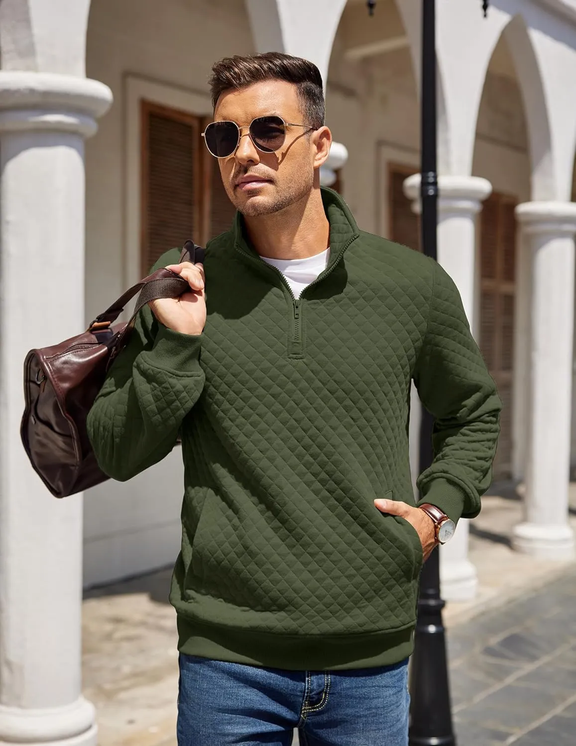 COOFANDY Mens Quarter Zip Pullover Quilted Sweatshirt Knit Long Sleeve Mock Neck Sweater Polo with Pocket