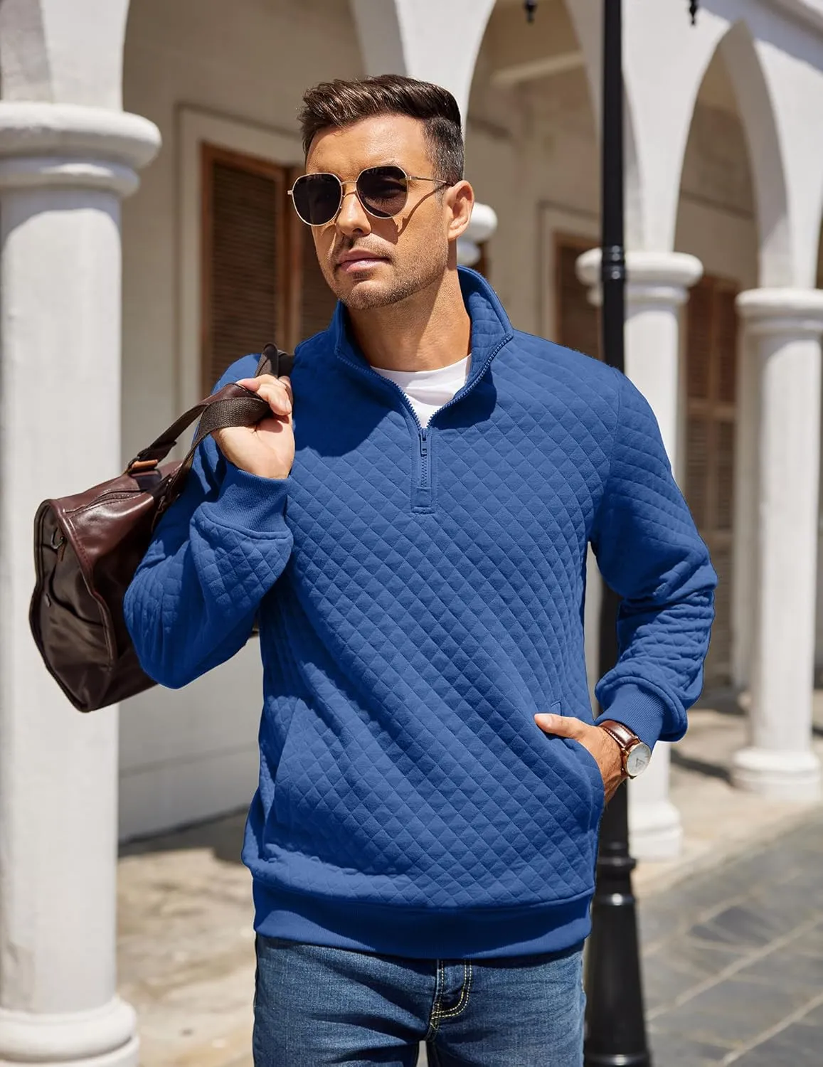 COOFANDY Mens Quarter Zip Pullover Quilted Sweatshirt Knit Long Sleeve Mock Neck Sweater Polo with Pocket