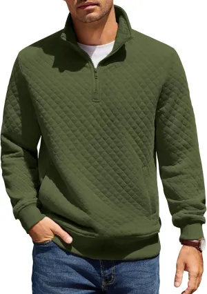 COOFANDY Mens Quarter Zip Pullover Quilted Sweatshirt Knit Long Sleeve Mock Neck Sweater Polo with Pocket