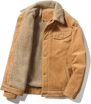 Corduroy Jacket for Mens,Men's Vintage Fleece Sherpa Lined Denim Outerwear Fur Lapel Button Down Winter Cowboy Coats