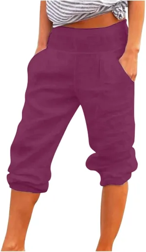 Cotton Linen Capri Pants for Women Lightweight Elastic Waist Baggy Tapered Capris Casual Summer Cropped Trousers 2025