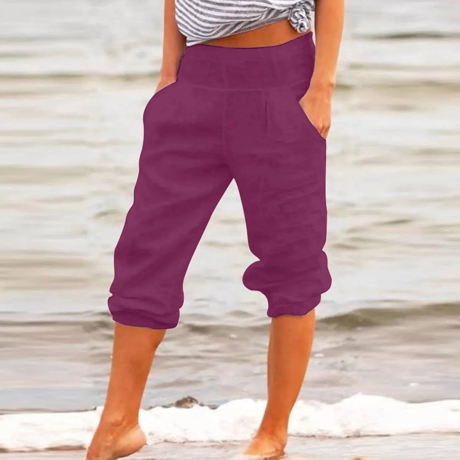 Cotton Linen Capri Pants for Women Lightweight Elastic Waist Baggy Tapered Capris Casual Summer Cropped Trousers 2025