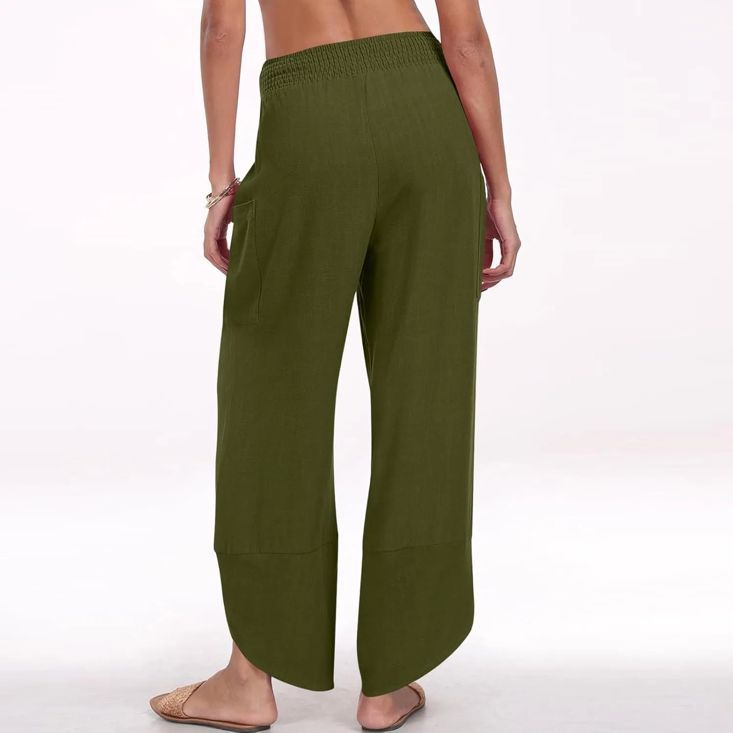Cotton Linen Pants for Women Casual Summer Elastic Waist Capri Pants Loose Ankle Length Palazzo Trousers with Pockets