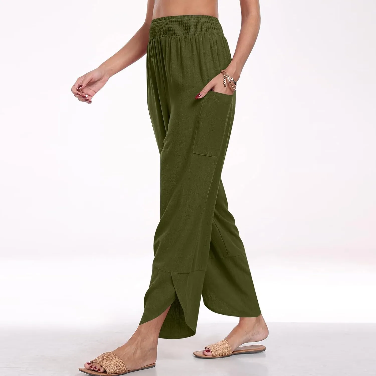 Cotton Linen Pants for Women Casual Summer Elastic Waist Capri Pants Loose Ankle Length Palazzo Trousers with Pockets