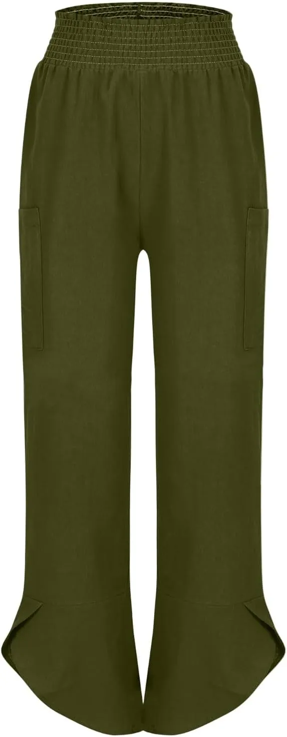 Cotton Linen Pants for Women Casual Summer Elastic Waist Capri Pants Loose Ankle Length Palazzo Trousers with Pockets