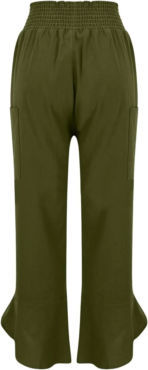 Cotton Linen Pants for Women Casual Summer Elastic Waist Capri Pants Loose Ankle Length Palazzo Trousers with Pockets