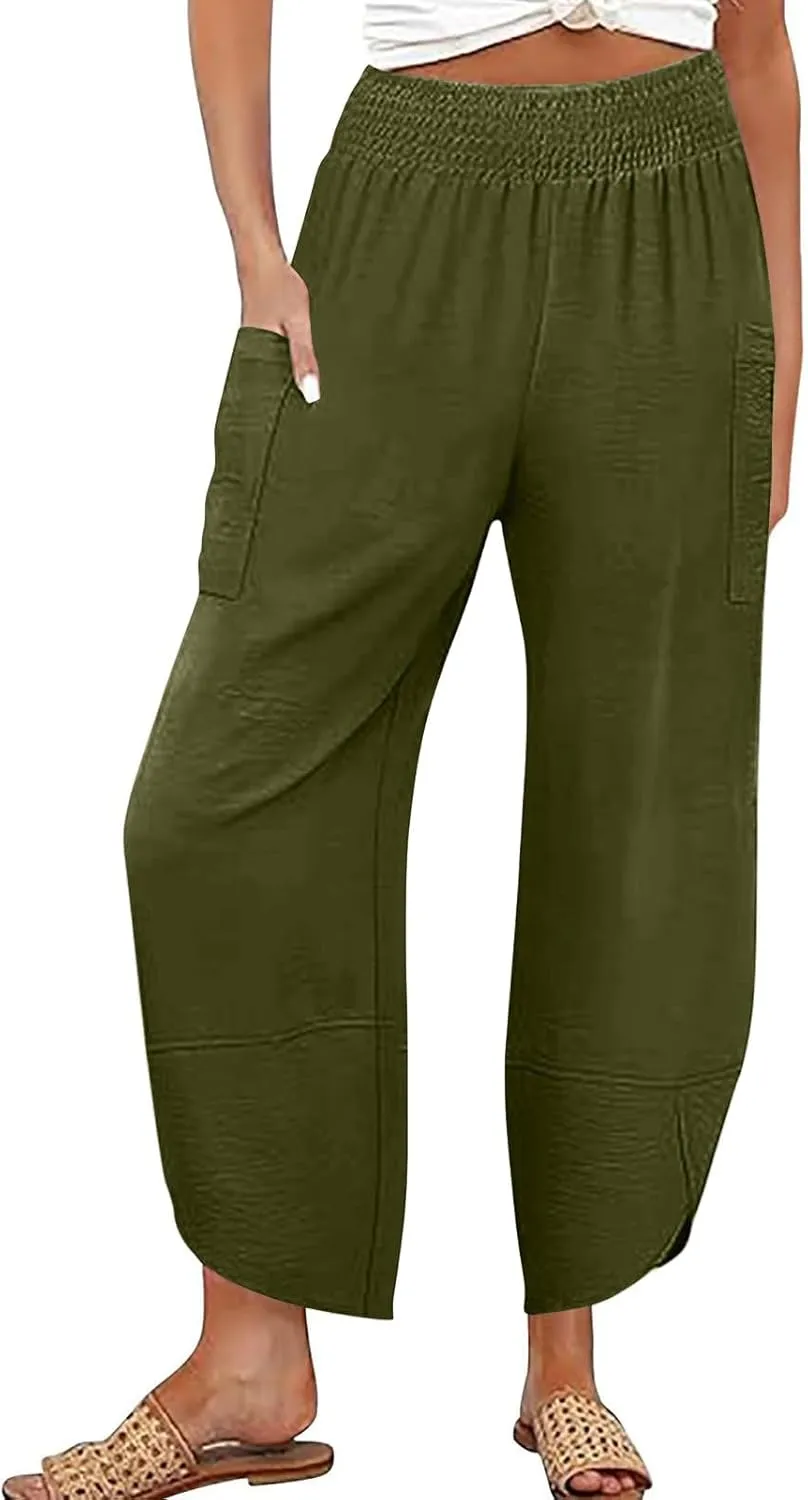 Cotton Linen Pants for Women Casual Summer Elastic Waist Capri Pants Loose Ankle Length Palazzo Trousers with Pockets