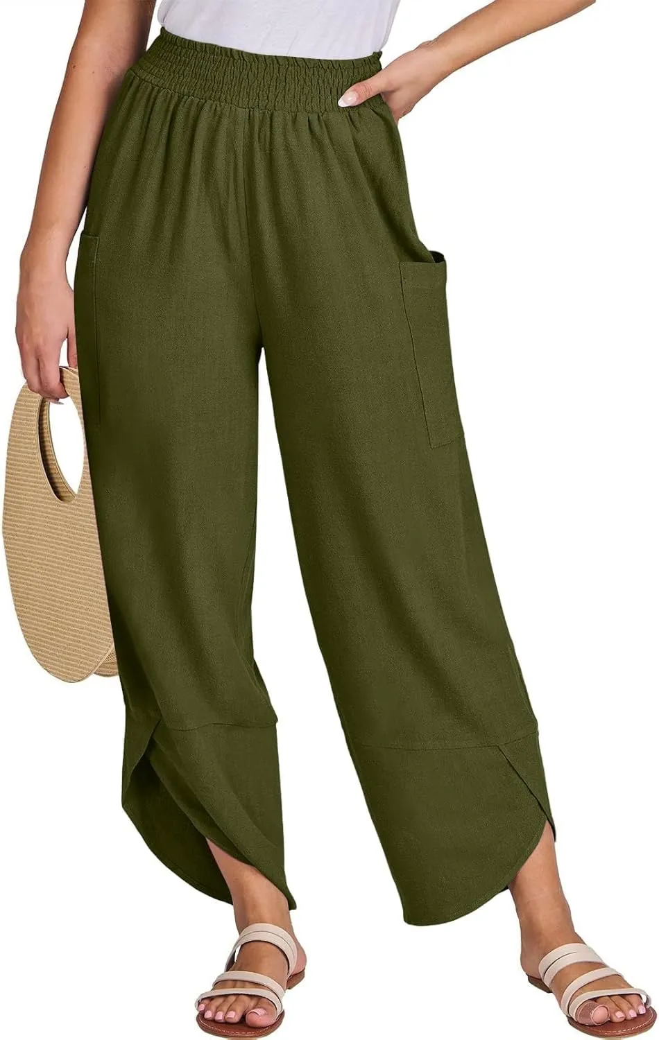 Cotton Linen Pants for Women Casual Summer Elastic Waist Capri Pants Loose Ankle Length Palazzo Trousers with Pockets