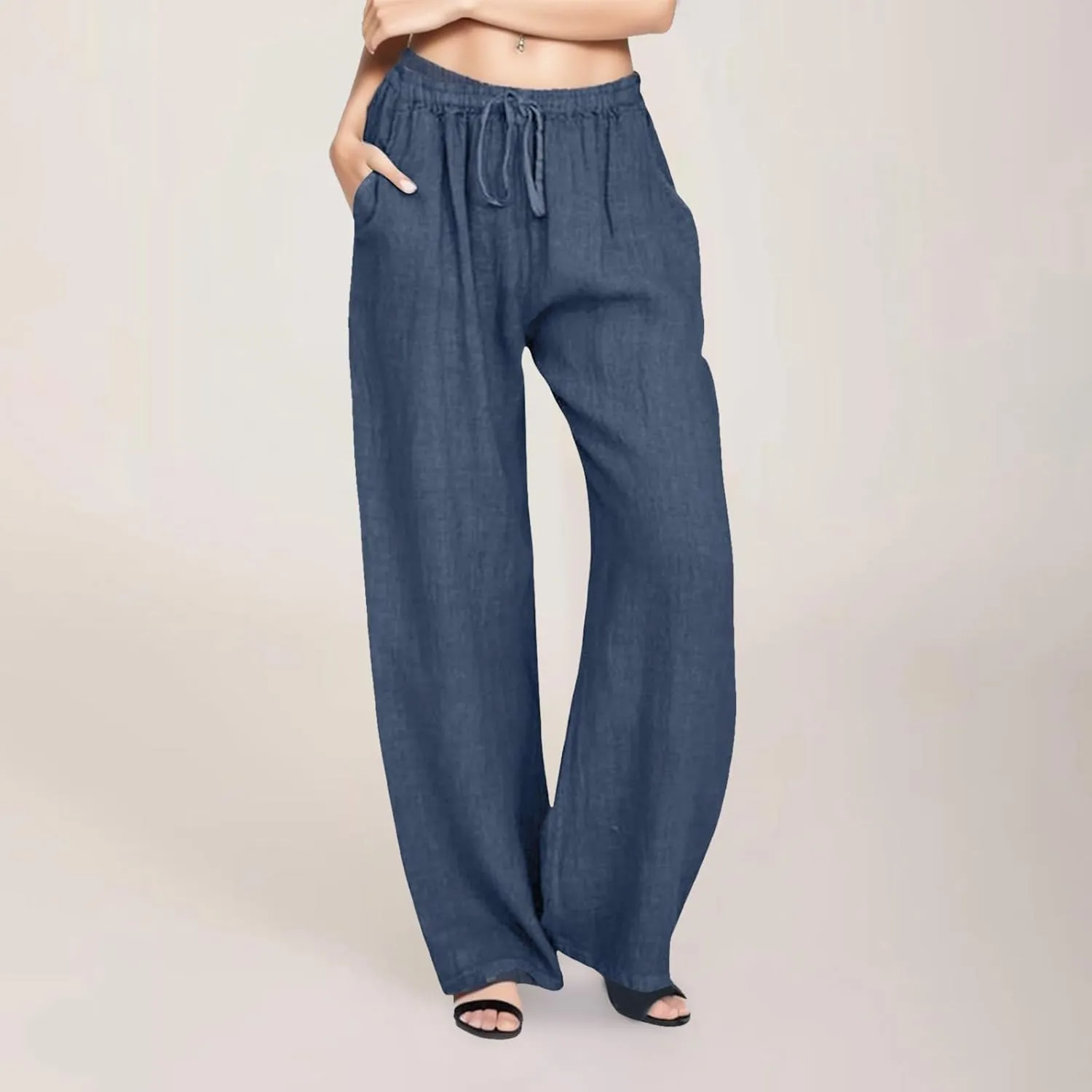Cotton Linen Pants for Womens 2025 Summer Casual Trendy Drawstring High Waist Wide Leg Soft Trousers with Pockets