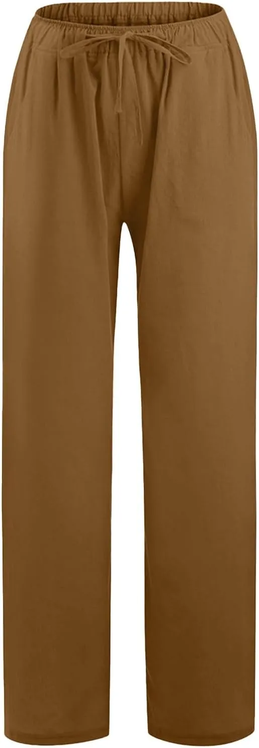 Cotton Linen Pants for Womens 2025 Summer Casual Trendy Drawstring High Waist Wide Leg Soft Trousers with Pockets