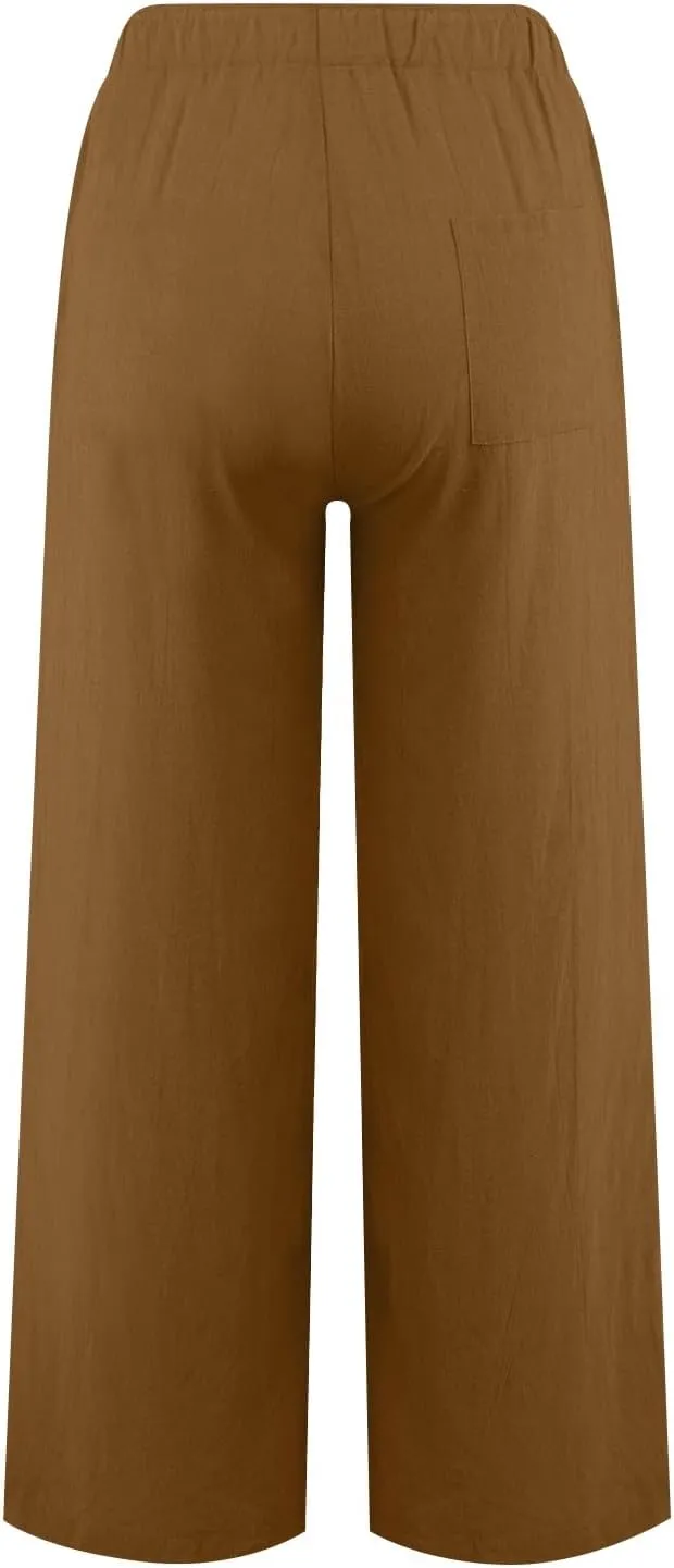 Cotton Linen Pants for Womens 2025 Summer Casual Trendy Drawstring High Waist Wide Leg Soft Trousers with Pockets