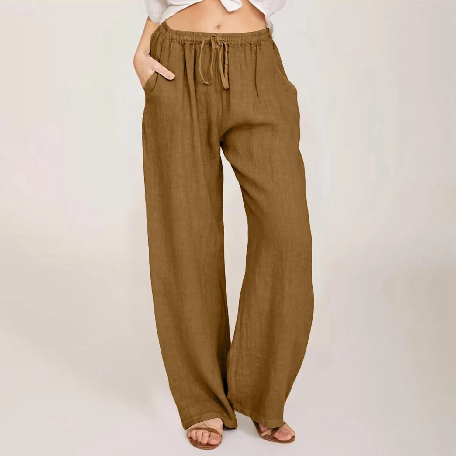 Cotton Linen Pants for Womens 2025 Summer Casual Trendy Drawstring High Waist Wide Leg Soft Trousers with Pockets