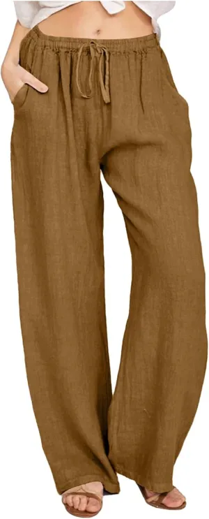 Cotton Linen Pants for Womens 2025 Summer Casual Trendy Drawstring High Waist Wide Leg Soft Trousers with Pockets