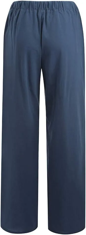 Cotton Linen Pants for Womens 2025 Summer Casual Trendy Drawstring High Waist Wide Leg Soft Trousers with Pockets