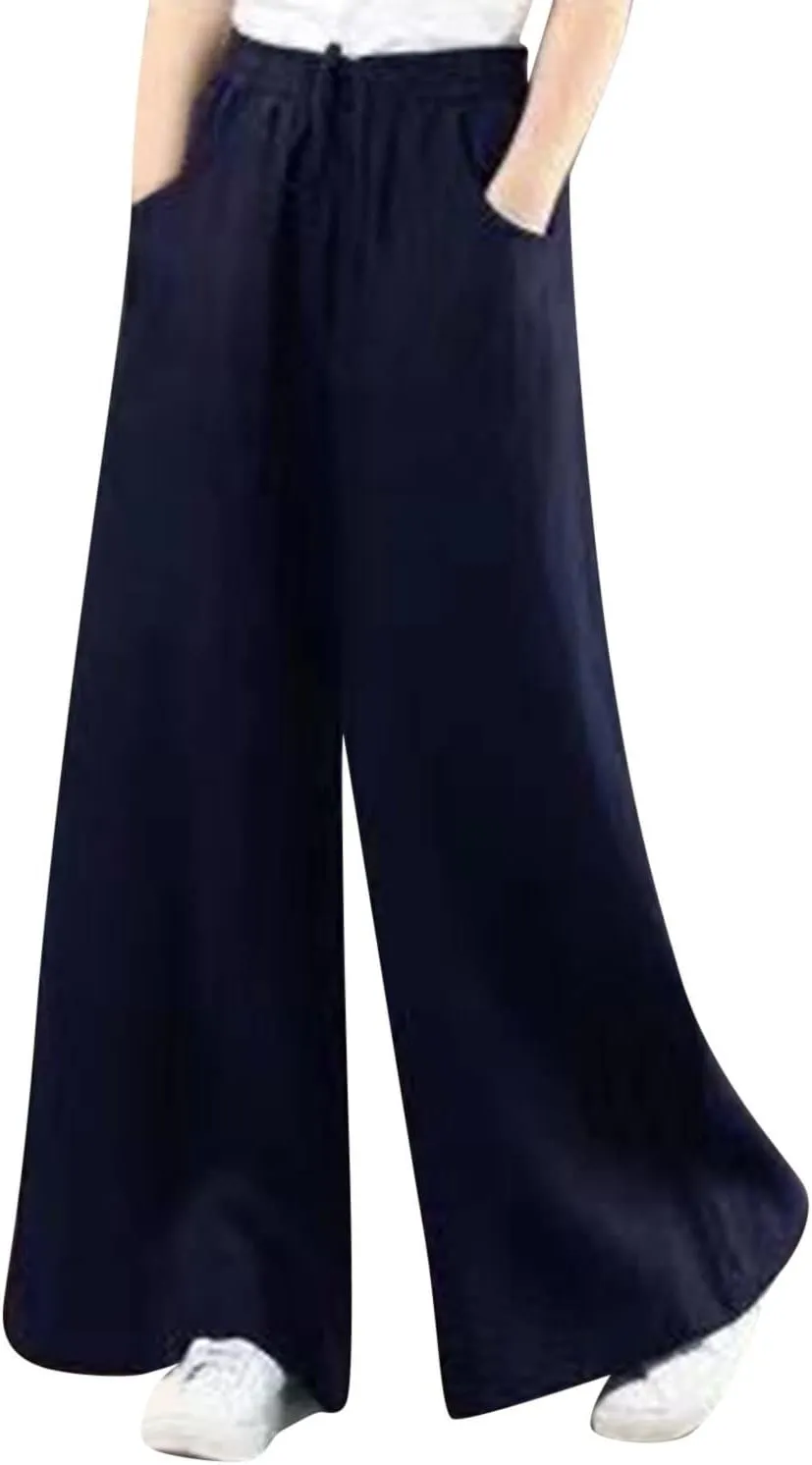 Cotton Linen Pants for Womens 2025 Summer Drawstring High Waist Wide Leg Soft Loose Fit Trousers with Pockets