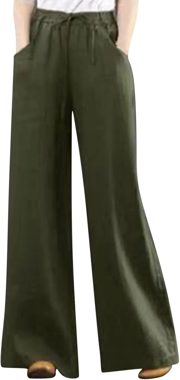 Cotton Linen Pants for Womens 2025 Summer Drawstring High Waist Wide Leg Soft Loose Fit Trousers with Pockets
