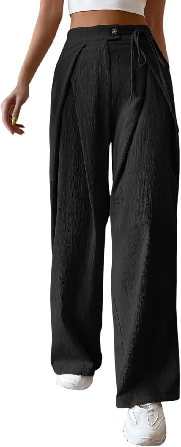 Cotton Linen Pants for Womens 2025 Summer Drawstring High Waist Wide Leg Soft Loose Fit Trousers with Pockets