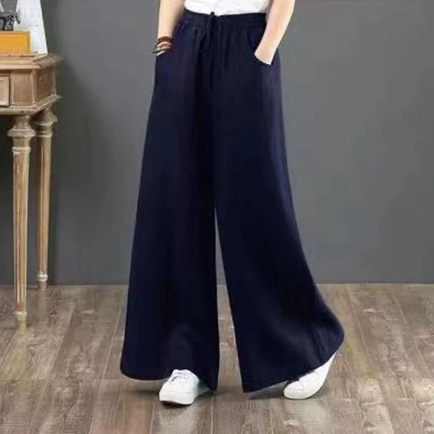 Cotton Linen Pants for Womens 2025 Summer Drawstring High Waist Wide Leg Soft Loose Fit Trousers with Pockets