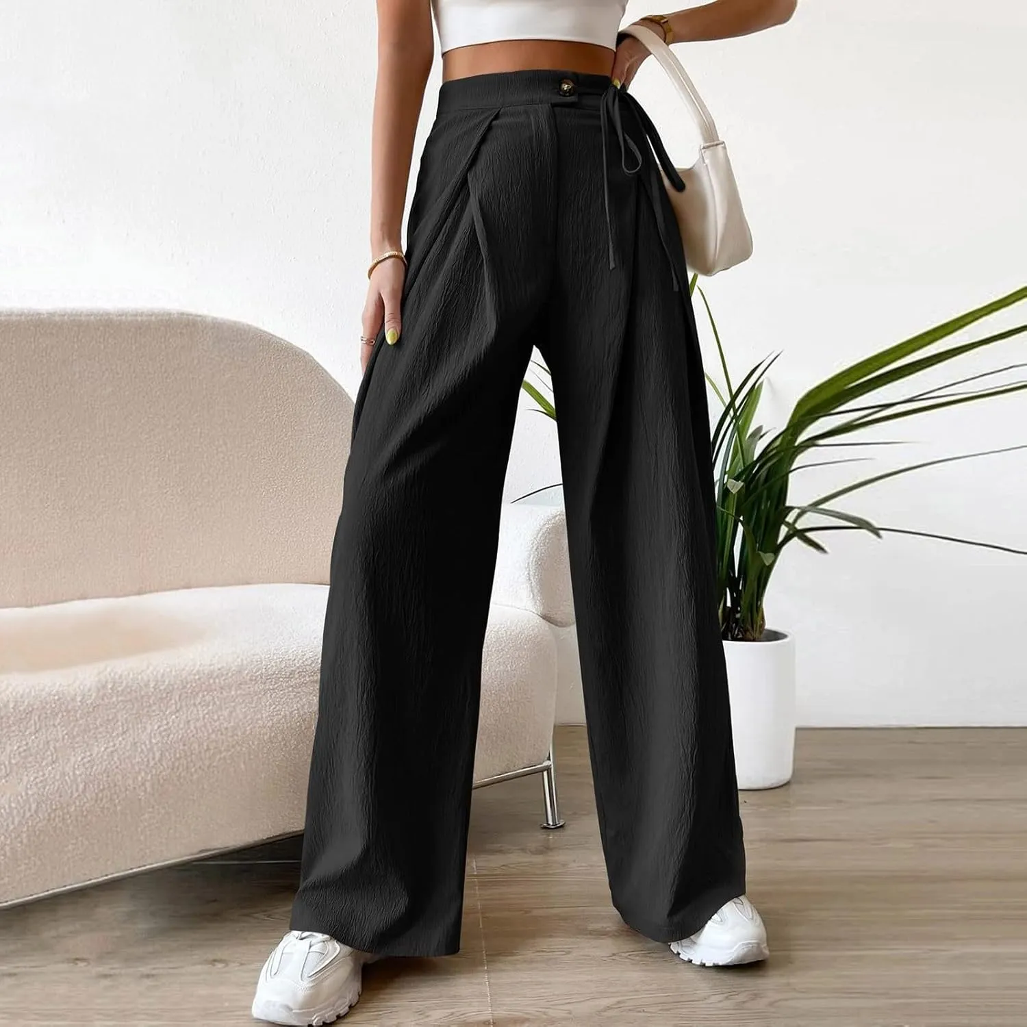 Cotton Linen Pants for Womens 2025 Summer Drawstring High Waist Wide Leg Soft Loose Fit Trousers with Pockets