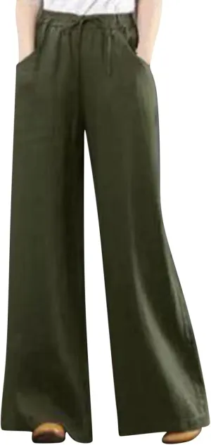 Cotton Linen Pants for Womens 2025 Summer Drawstring High Waist Wide Leg Soft Loose Fit Trousers with Pockets