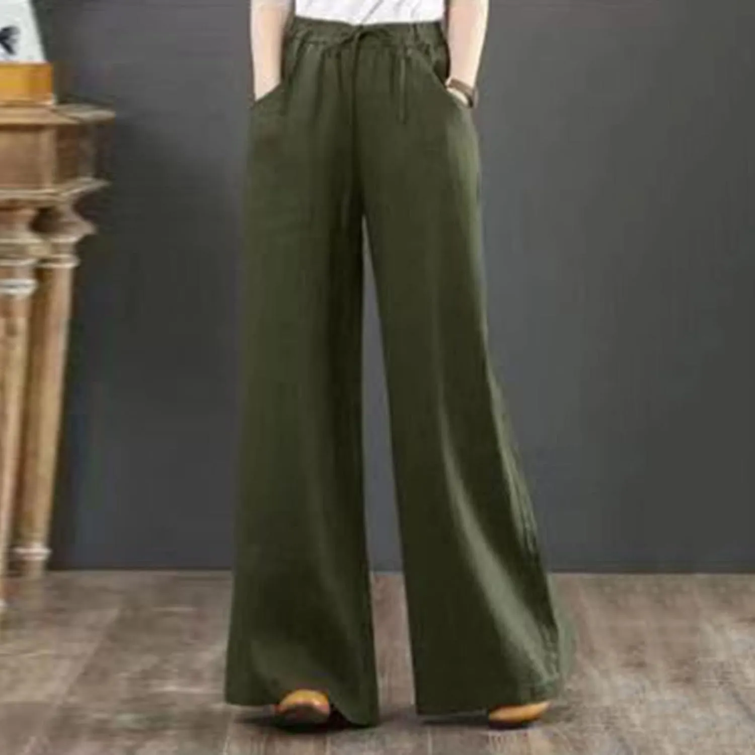 Cotton Linen Pants for Womens 2025 Summer Drawstring High Waist Wide Leg Soft Loose Fit Trousers with Pockets