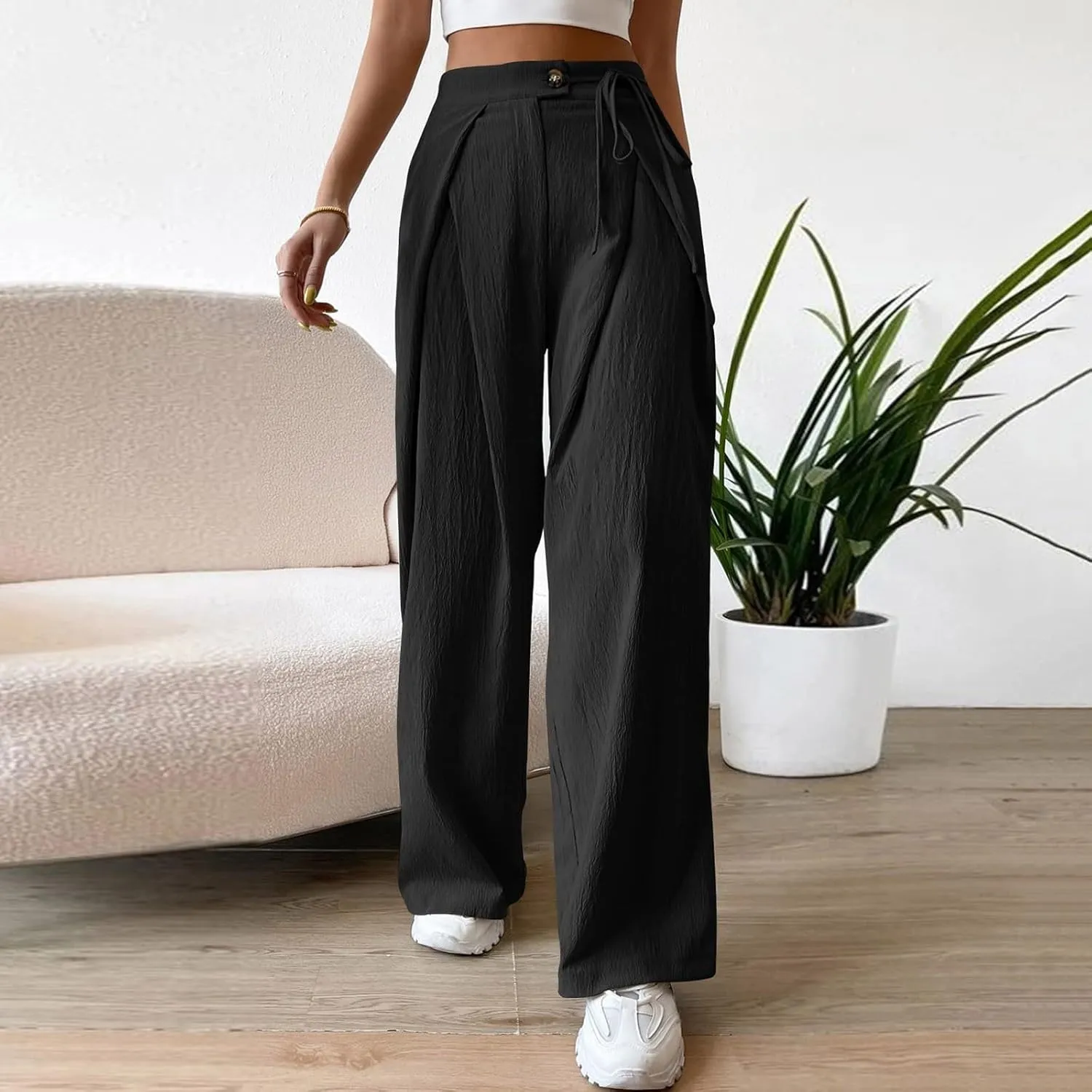 Cotton Linen Pants for Womens 2025 Summer Drawstring High Waist Wide Leg Soft Loose Fit Trousers with Pockets