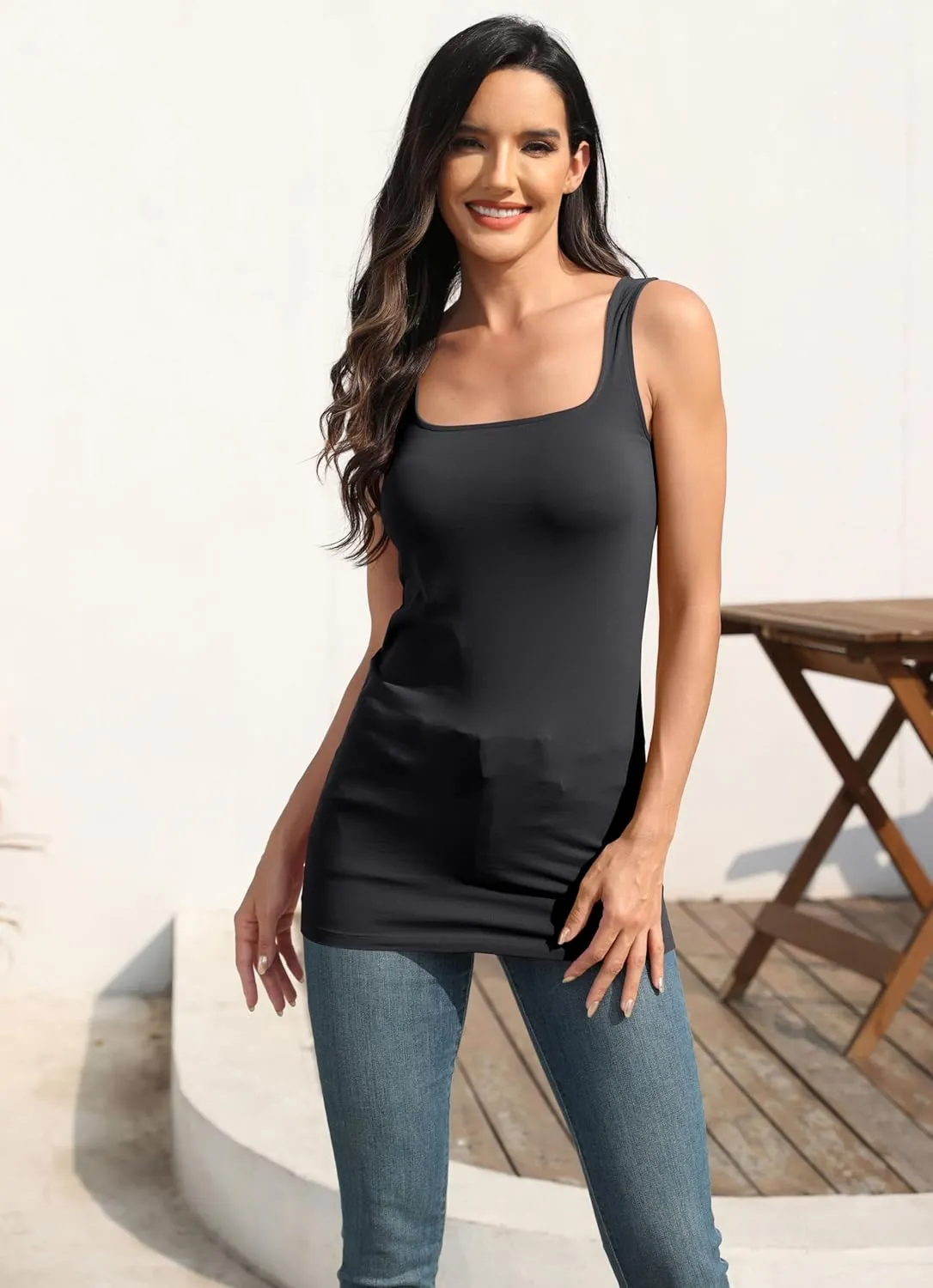 Cotton Square Neck Long Tank Tops for Women Tunic Layering Fitted Sleeveless Undershirt 3 Packs