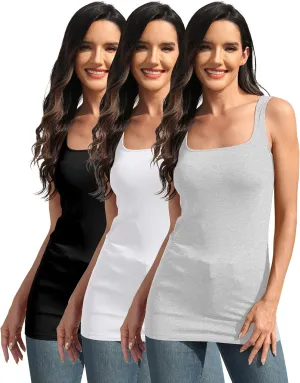 Cotton Square Neck Long Tank Tops for Women Tunic Layering Fitted Sleeveless Undershirt 3 Packs