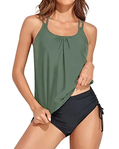 Criss Cross Back Tummy Control Tankini Bathing Suits For Women-Olive Green