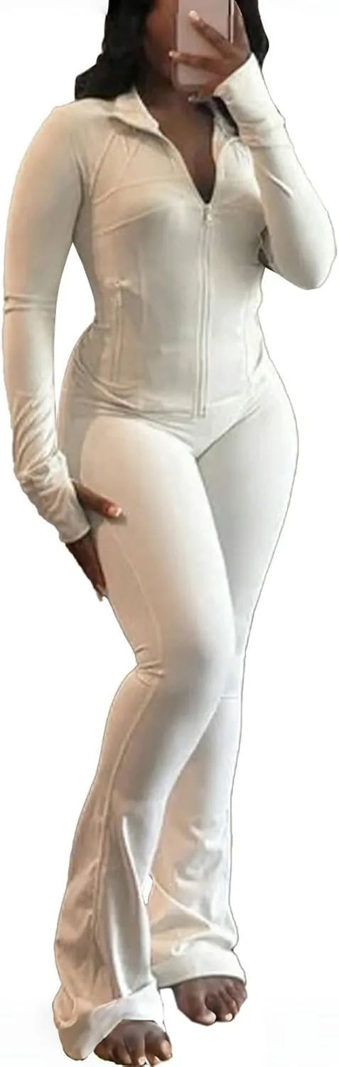 cu4eve Womens Two Piece Outfits Fall Workout Zip Up Sweatshirt And Jogger Flare Yoga Pants Gym Sweat Suits 2 Piece Set