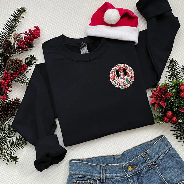 Cute Christmas Smiley Face Pocket Sweatshirt - Christmas Sweatshirt - Sizes S to 5XL
