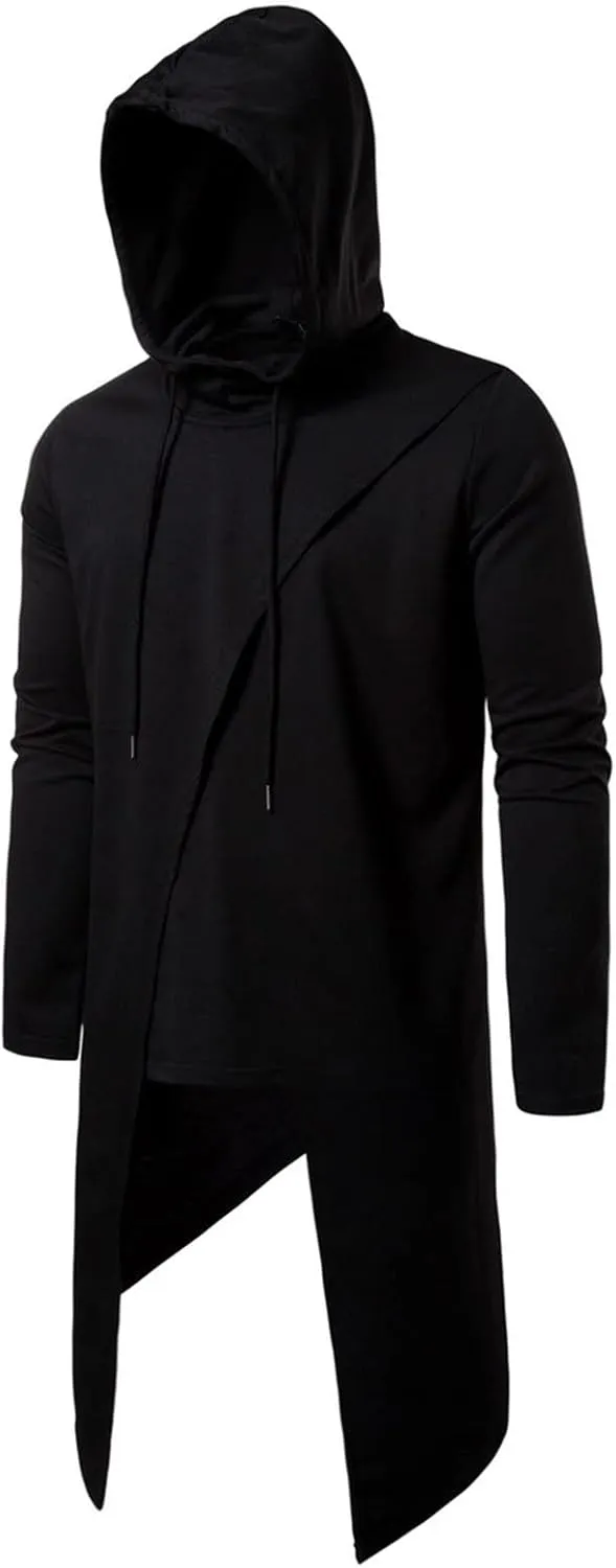 DGHM-JLMY Men's Irregular Long Hooded Pullover Long Length Cloak Cotton Blend Pullover Cape Cloak Asymmetric Hem Hoodie