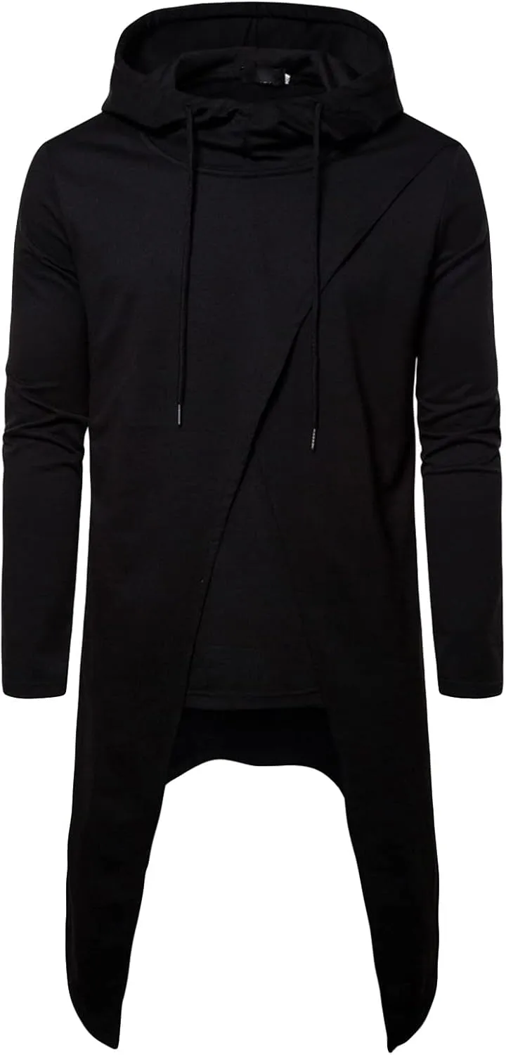 DGHM-JLMY Men's Irregular Long Hooded Pullover Long Length Cloak Cotton Blend Pullover Cape Cloak Asymmetric Hem Hoodie