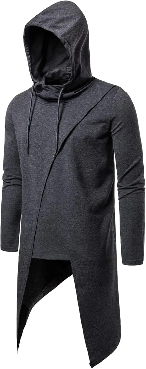 DGHM-JLMY Men's Irregular Long Hooded Pullover Long Length Cloak Cotton Blend Pullover Cape Cloak Asymmetric Hem Hoodie