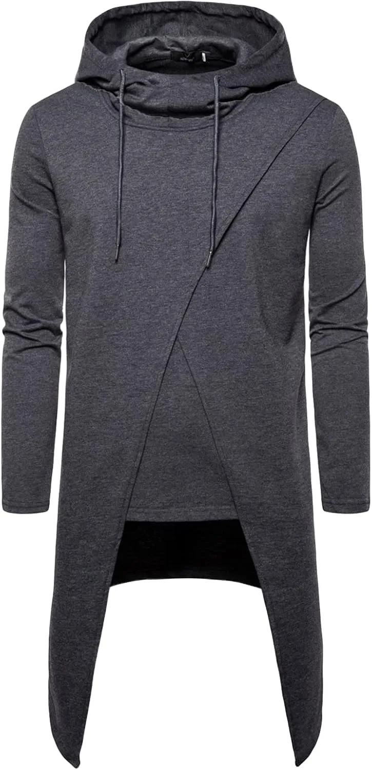DGHM-JLMY Men's Irregular Long Hooded Pullover Long Length Cloak Cotton Blend Pullover Cape Cloak Asymmetric Hem Hoodie