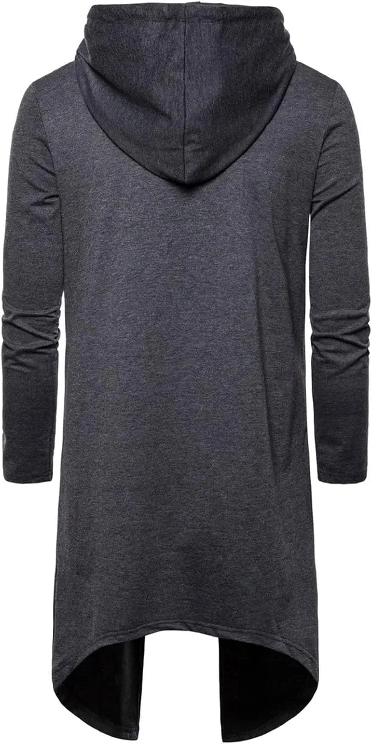 DGHM-JLMY Men's Irregular Long Hooded Pullover Long Length Cloak Cotton Blend Pullover Cape Cloak Asymmetric Hem Hoodie